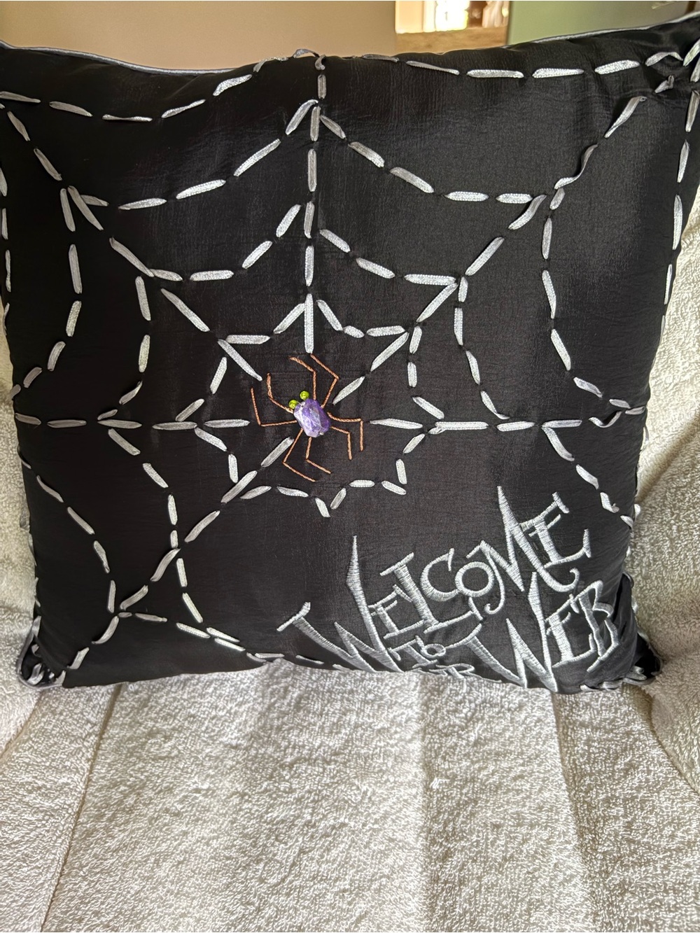 Ribbon spider web  pillow with jeweled spider & stitched “Welcome To Our Web”